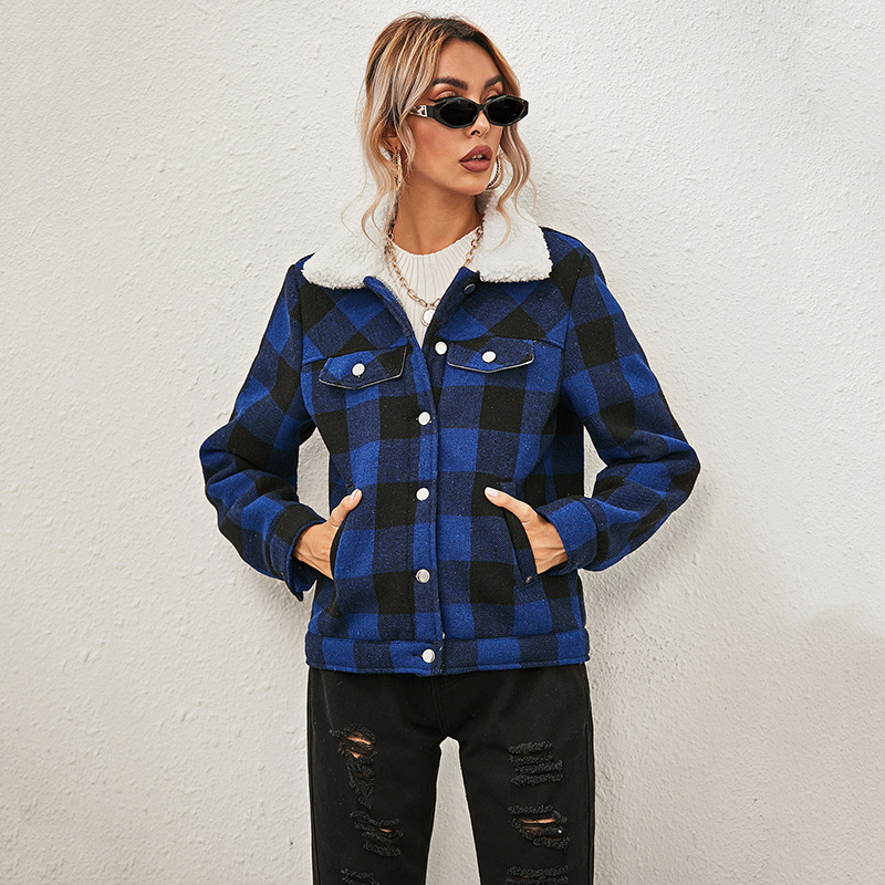 plaid fur collar plus velvet thick cotton jacket NSKX8437