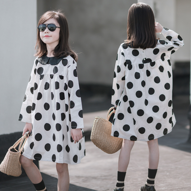 Niñas muñeca collar vestido primavera y otoño puro algodón medio y gran falda de los niños estilo occidental vestido de otoño pequeña niña manga larga princesa vestido