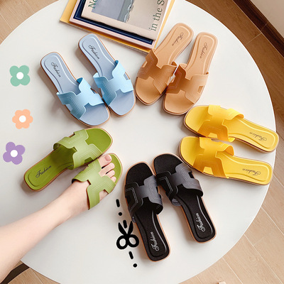 summer Flat bottom Fashion slippers lady Slip net one word Sandals leisure time Beach shoes plastic cement Women's Shoes