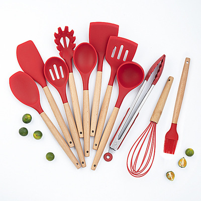 木柄硅胶厨具10件套硅胶锅铲汤勺漏勺煎铲不粘锅烹饪铲勺