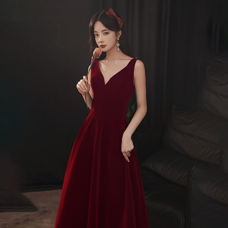 Evening Dresses cocktail party banquet dress vestido de banquete de cóctel Dress SLING DRESS wine red evening dress velvet Wedding Engagement Dress