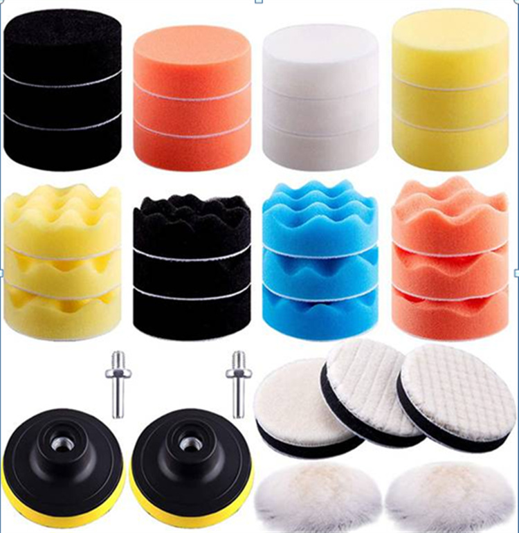 跨境供应3英寸33件套海绵盘汽车美容打蜡抛光海绵垫粗中细羊毛轮