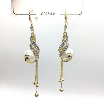 925银针孔雀民族风耳环 电镀真金不掉色女士百搭珍珠流苏耳坠|ru