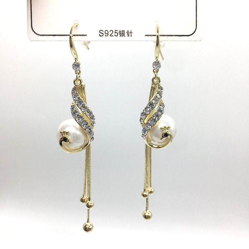 925银针孔雀民族风耳环 电镀真金不掉色女士百搭珍珠流苏耳坠|ru