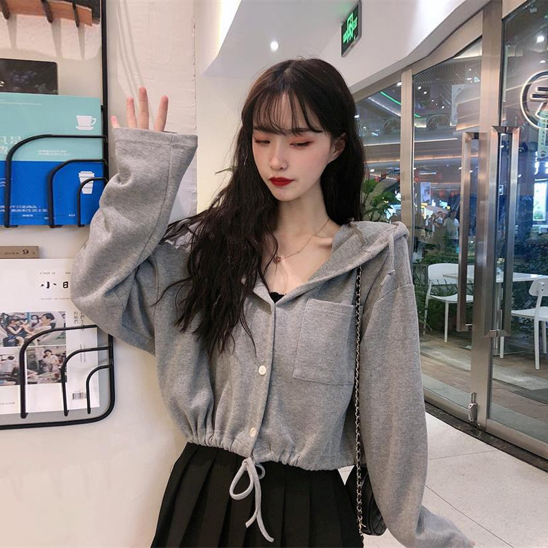 Students Hooded Mix Lazy Style Coat Autumn Thin New Cardigan Korean Loose Drawstring Short Top for Women