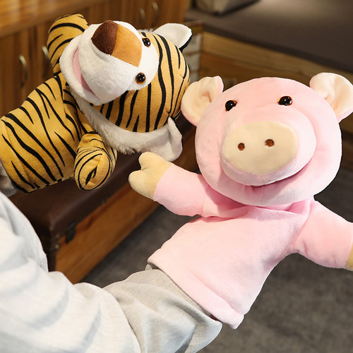Early childhood education creative new large size animal wolf shark tiger pig plush toy hand puppet that can open its mouth