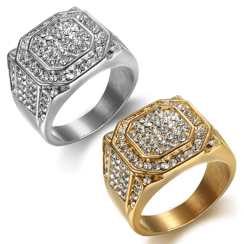 15g Weight Rhinestones Inlay Material 1 Piece Hip-hop Geometric Titanium Steel Inlay Rhinestones Men's Rings