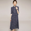 Silk Lapel printed 5-sleeve elegant waist real silk dress