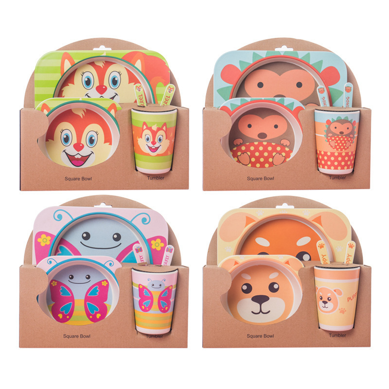 Bamboo fiber children's plate suit grid household cute cartoon rice bowl baby auxiliary eating tableware separated plate