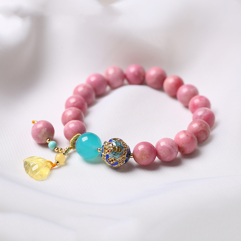 Natural Rose Pyroxene Bracelet Women's Pink Crystal Single Ring Bracelet DIY Handmade Original Summer Fresh Style Girlfriend Style