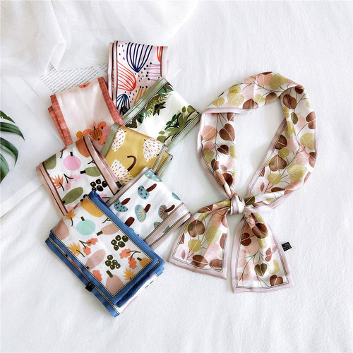 New floral double-sided square-angle long scarf and silk scarf for women Korean style spring and autumn versatile wrist strap streamer headband fashionable