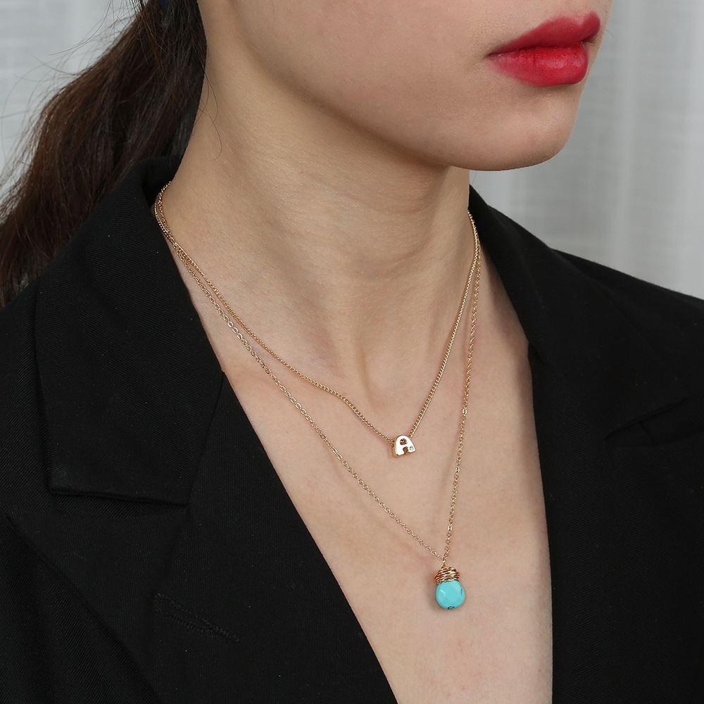 Fashion Geometric Turquoise Water Drop Double Layer Alloy Necklace display picture 3