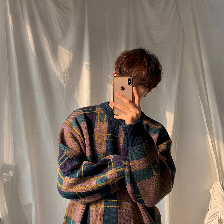 Men's Winter Thick Sweater Color Matching Plaid