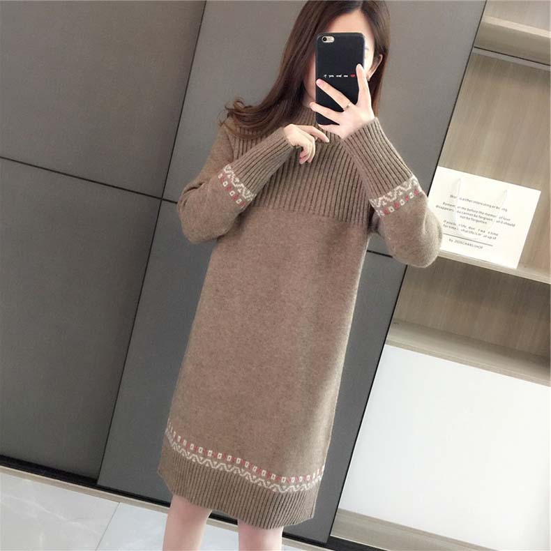 Vestido suéter de longitud media para otoño e invierno, camisa básica para mujer, nuevo estilo coreano, holgado, con cuello medio alto, a rayas, de punto, con mangas largas.