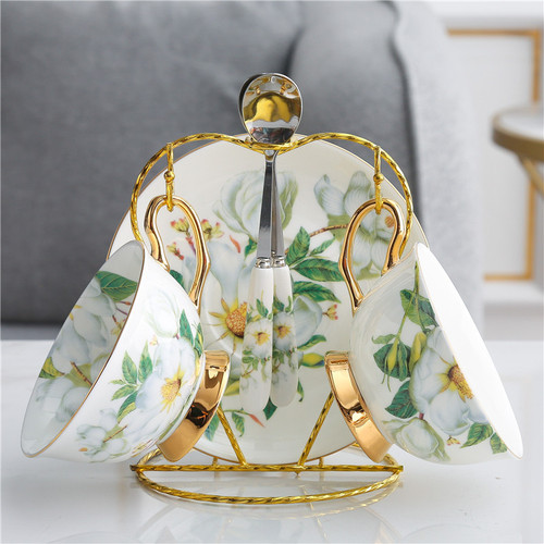 Factory wholesale Korean pastoral style bone china coffee cups and saucers ceramic British afternoon flower tea cups and saucers with spoons cross-border