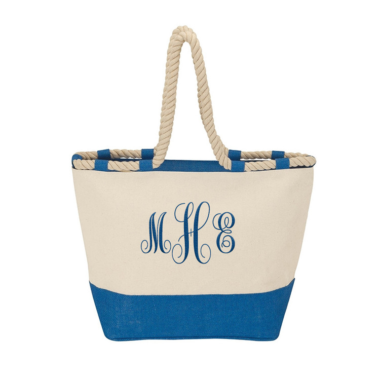 厂家生产高档粗棉绳手提帆布袋蓝色底拼接棉布袋购物袋帆布沙滩包