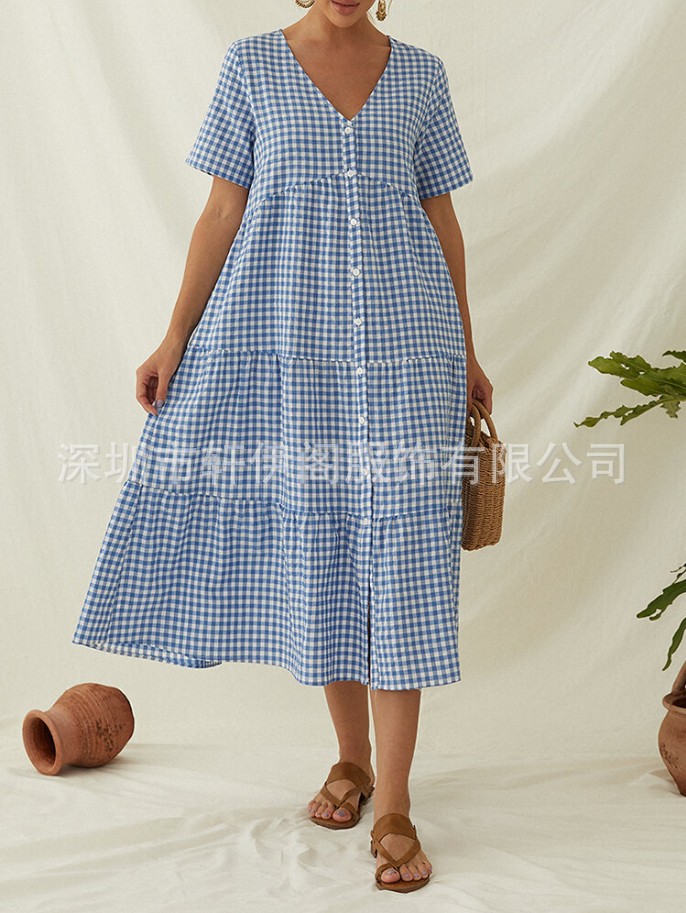 2020年亚马逊爆款格子印花V领拼布短袖连衣裙
