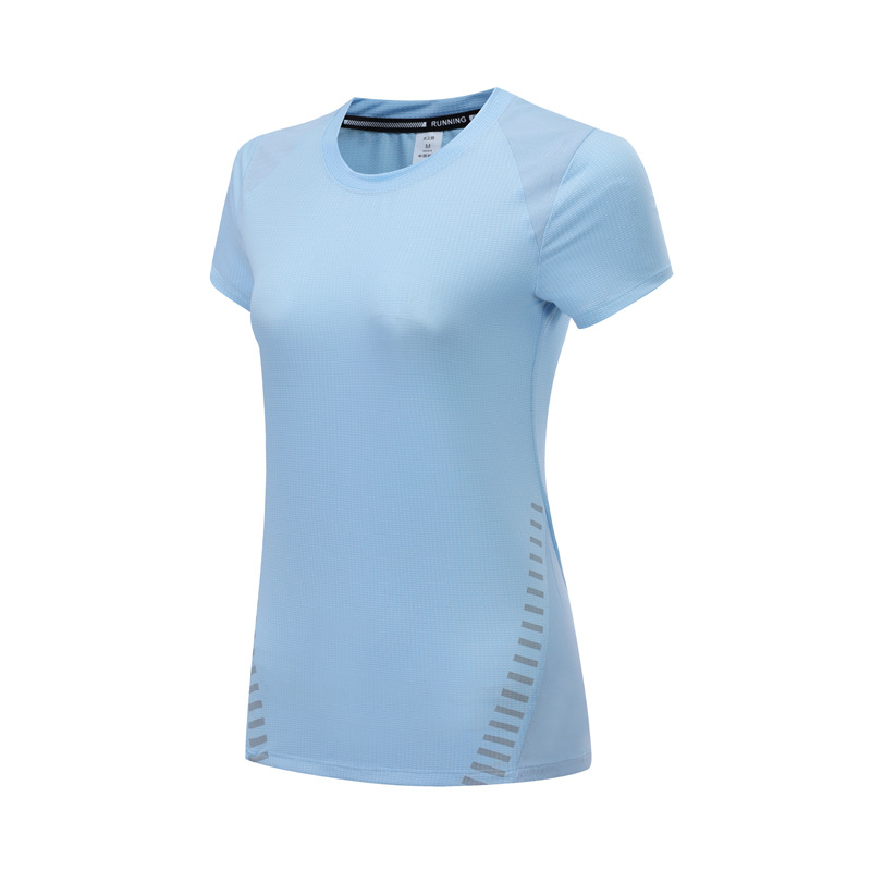 厂家直销瑜伽健身衣女圆领短袖运动透气吸汗速干T恤网纱拼接上衣