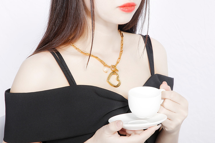 simple stainless steel thick chain heart-shaped bracelet necklace set square chain OT buckle jewelry