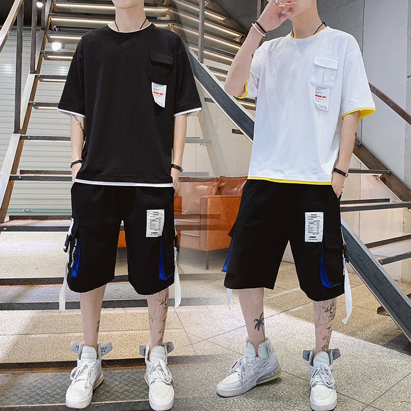 夏季新款运动休闲套装男潮流韩版短袖T恤工装两件套男纯棉运动服|ms