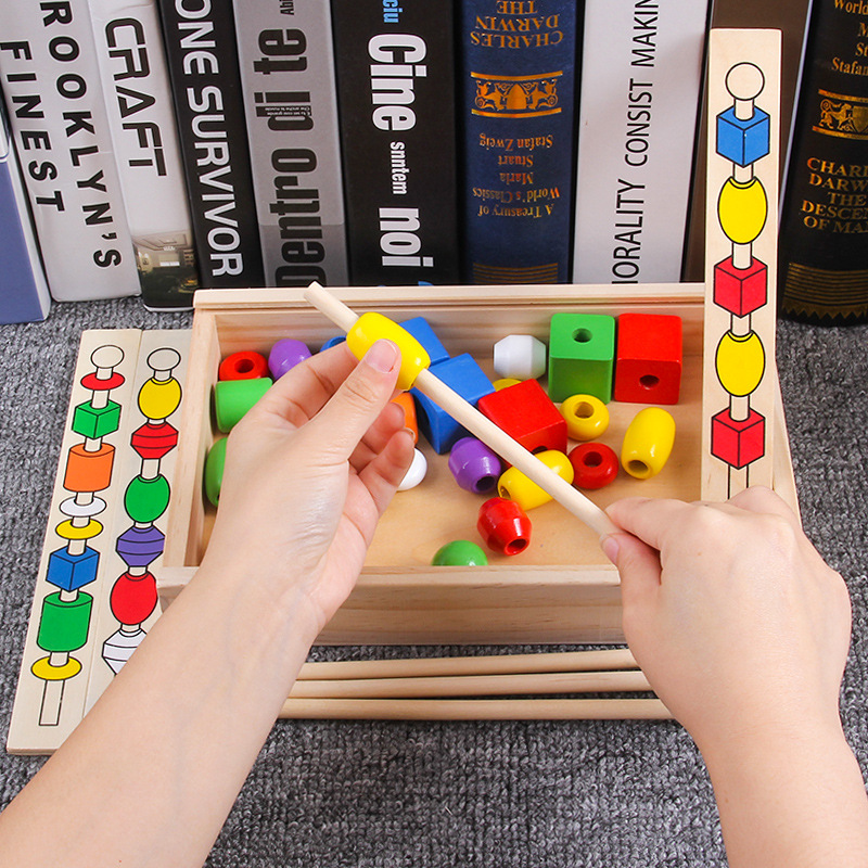 Madera forma geométrica bloques de construcción juguetes cognitivos enhebrar cuerda madera juego niños inteligencia cuentas