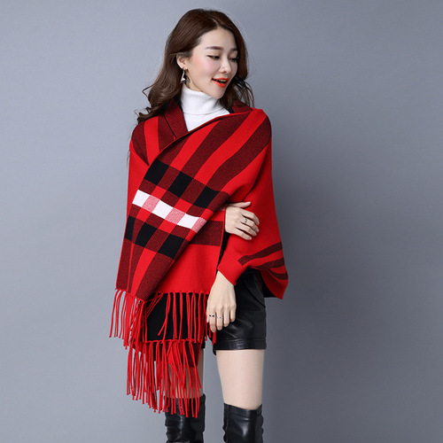Autumn and winter factory direct sales knitted cape cloak for women thickened with sleeves spring and autumn fashion outer plaid shawl cross-border