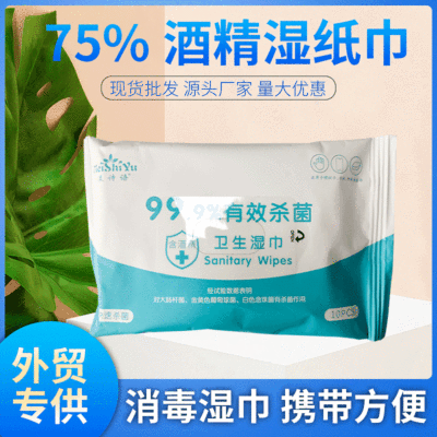 10片装酒精湿巾 75%度防疫清洁杀菌 消毒湿巾中文版批发