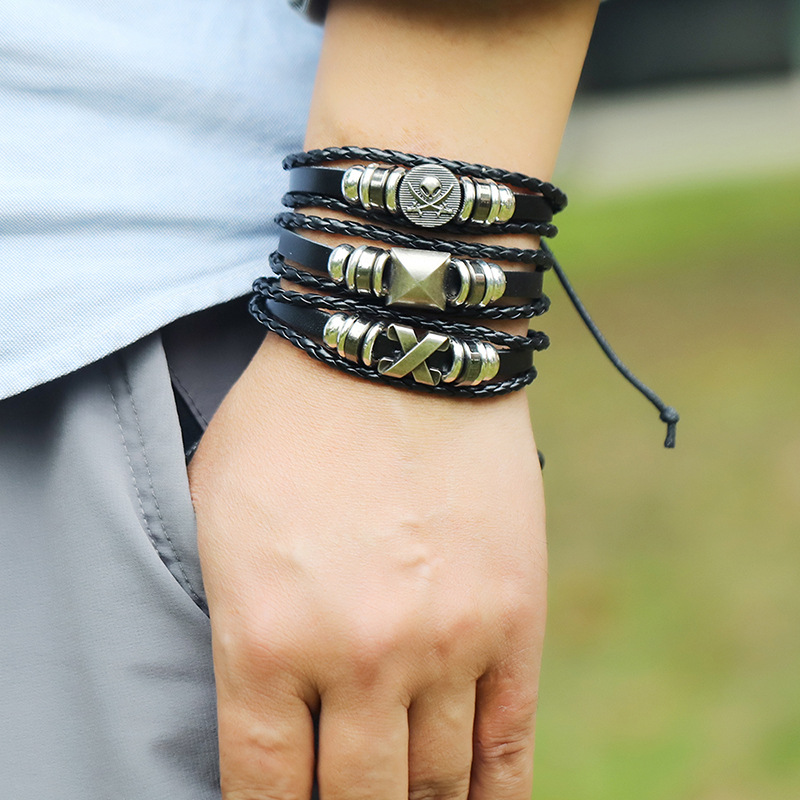 new  punk skull  adjustable rock beaded leather bracelet