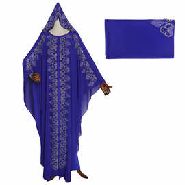 穆斯林长袍跨境货源非洲女装雪纺重工烫钻钉珠假两件连衣裙带头巾