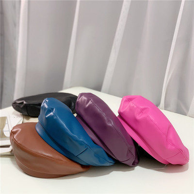 秋冬百搭纯色画家帽个性英伦复古pu皮贝雷帽韩版平顶八角帽网红款