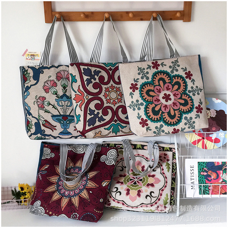 Foreign Trade Retro New Embroidered Canvas Bag Shoulder Bag Fashion Women's Bag Myanmar Thailand Large Flower Simple Large Capacity Bag Foreign Trade Retro New Embroidered Canvas Bag Shoulder Bag Fashion Women's Bag Myanmar Thailand Large Flower Simple Large Capacity Bag