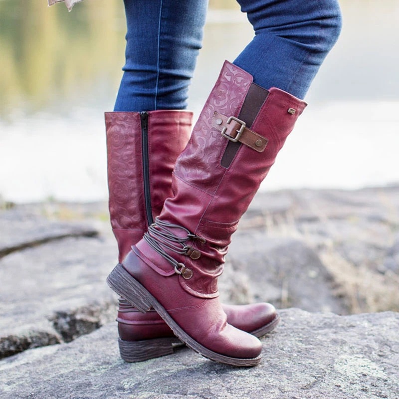 Neue mittellange Ritterstiefel mit Blockabsatz und rundem Kopf und seitlichem Reißverschluss für Herbst/Winter_voghion.com