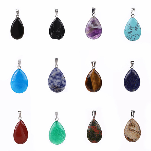 Hot wholesale classic small pendant stainless steel buckle multi-color natural stone flat water drop pendant jade small pendant