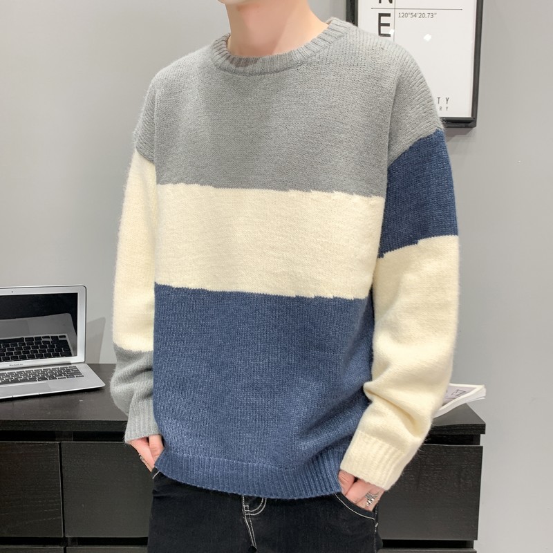 Autumn And Winter Korean Style Men's Round Neck Sweatery Color Block Pullover Sweater Casual Loose Teen Tops