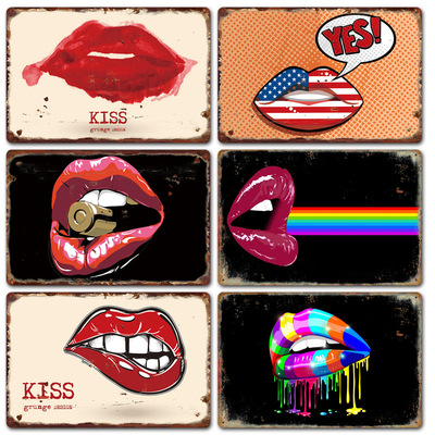 2020定制新款kiss嘴唇复古铁皮画马口铁背景墙壁家居无框装饰挂画