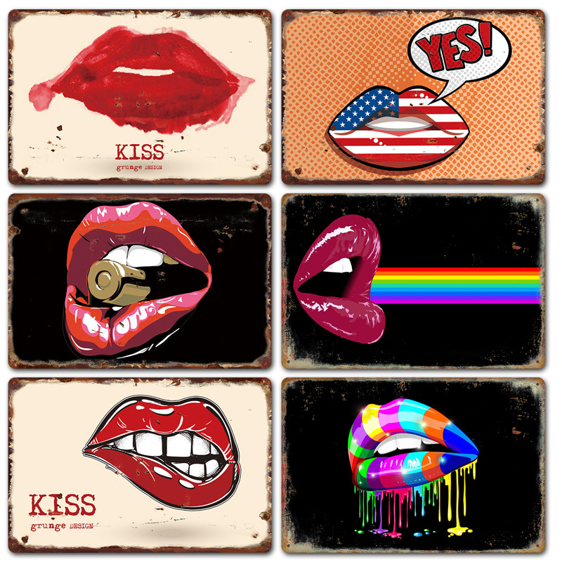 2020定制新款kiss嘴唇复古铁皮画马口铁背景墙壁家居无框装饰挂画