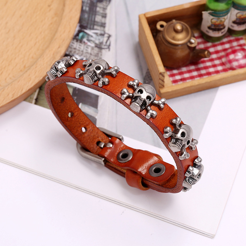 hot-selling skull punk style simple adjustable menu0027s cowhide bracelet wholesale nihaojewelry