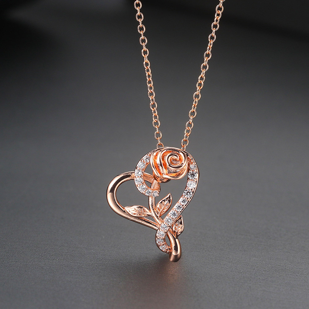 Fashion Heart Shape Rose Copper Plating Inlay Zircon Pendant Necklace 1 Piece