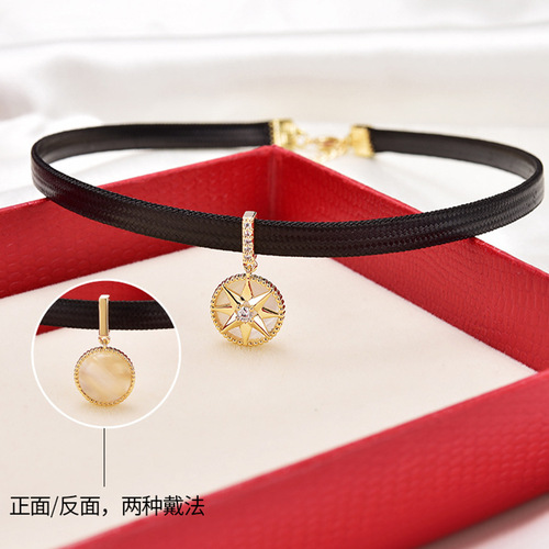 Korean choker compass necklace women's leather rope clavicle chain short neck jewelry neck strap black choker necklace