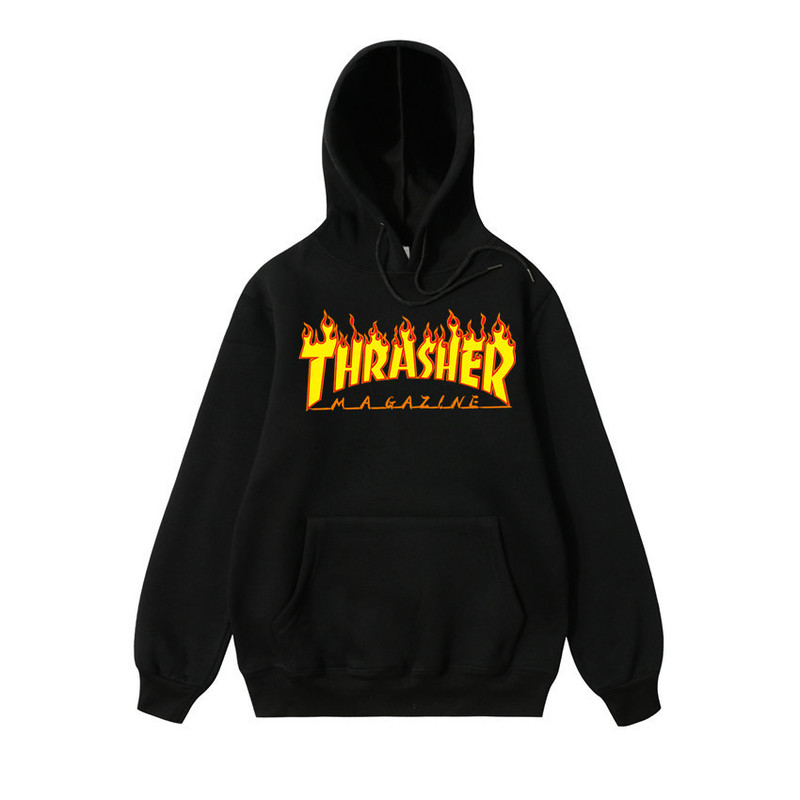 [Spot] hoodie men's plus velvet sweater lovers coat women's red flame sweater thrasher Europe and the United States