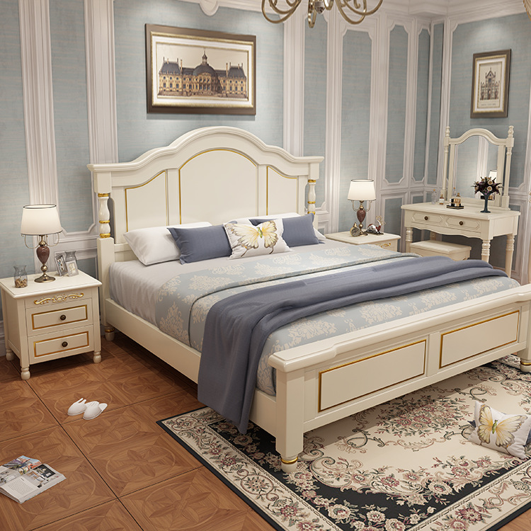 American solid wood bed 1.8 meters double modern simple bed frame furniture princess single white 1.5 storage bedside