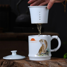 仟瓷雅集 景德鎮手繪陶瓷茶杯帶蓋過濾茶水分離辦公杯泡茶杯批發