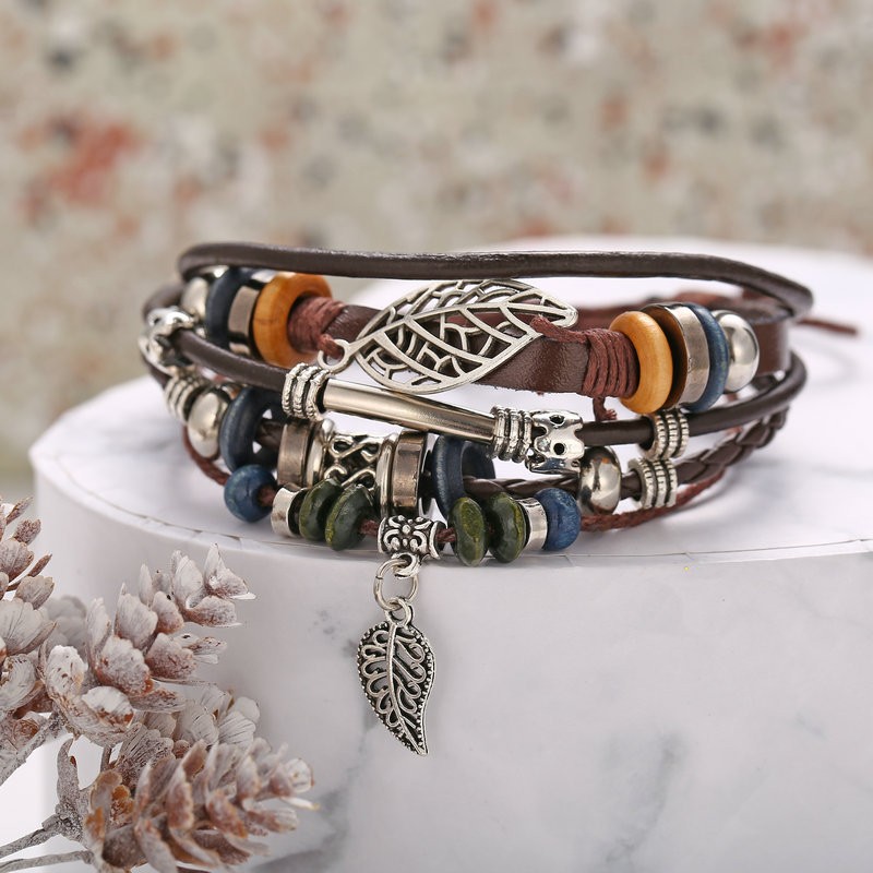 New Hollow Leaf Multilayer Artificial Leather Bracelet Creative Retro Personality Men's Bracelet Wholesale Nihaojewelry display picture 6