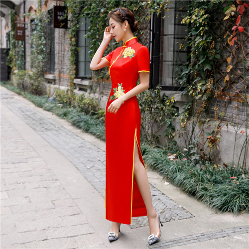 Cheongsam red standing collar short sleeve retro style cheongsam skirt Chinese Dress Qipao for women 