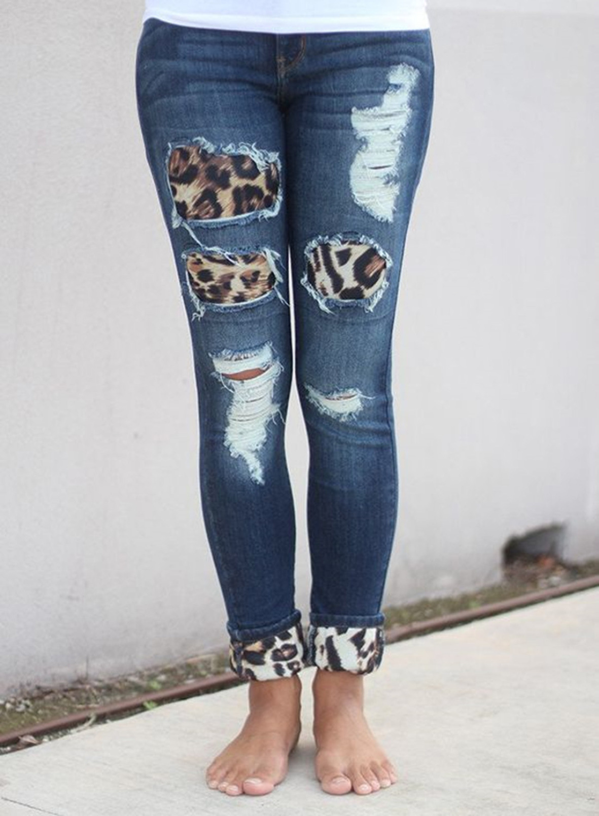  slim leopard print lining hand-worn ladies nine-point jeans NSSI2338