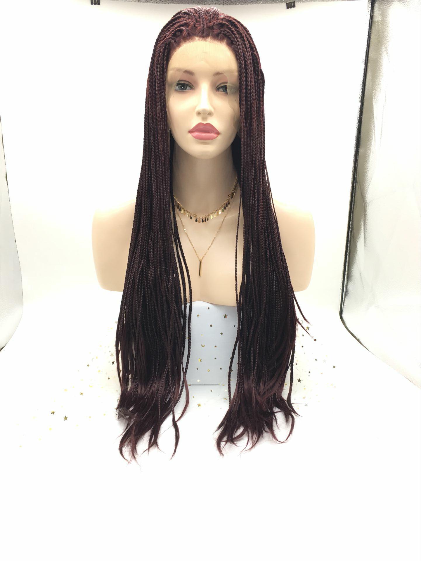 Comercio exterior moda europea y americana peluca de fibra química mujer marrón-rojo pelo largo y liso trenza pequeña casco de seda de alta temperatura al por mayor