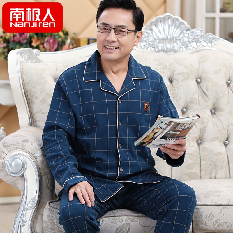 Pijamas de mediana edad y ancianos hombres 100% algodón de manga larga de primavera, Otoño e Invierno papá de mediana edad más tamaño traje de uso doméstico Suelto
