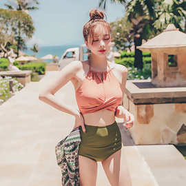 新款泳装女ins风网红小清新仙女范 遮肚分体泳衣温泉保守厂家批发