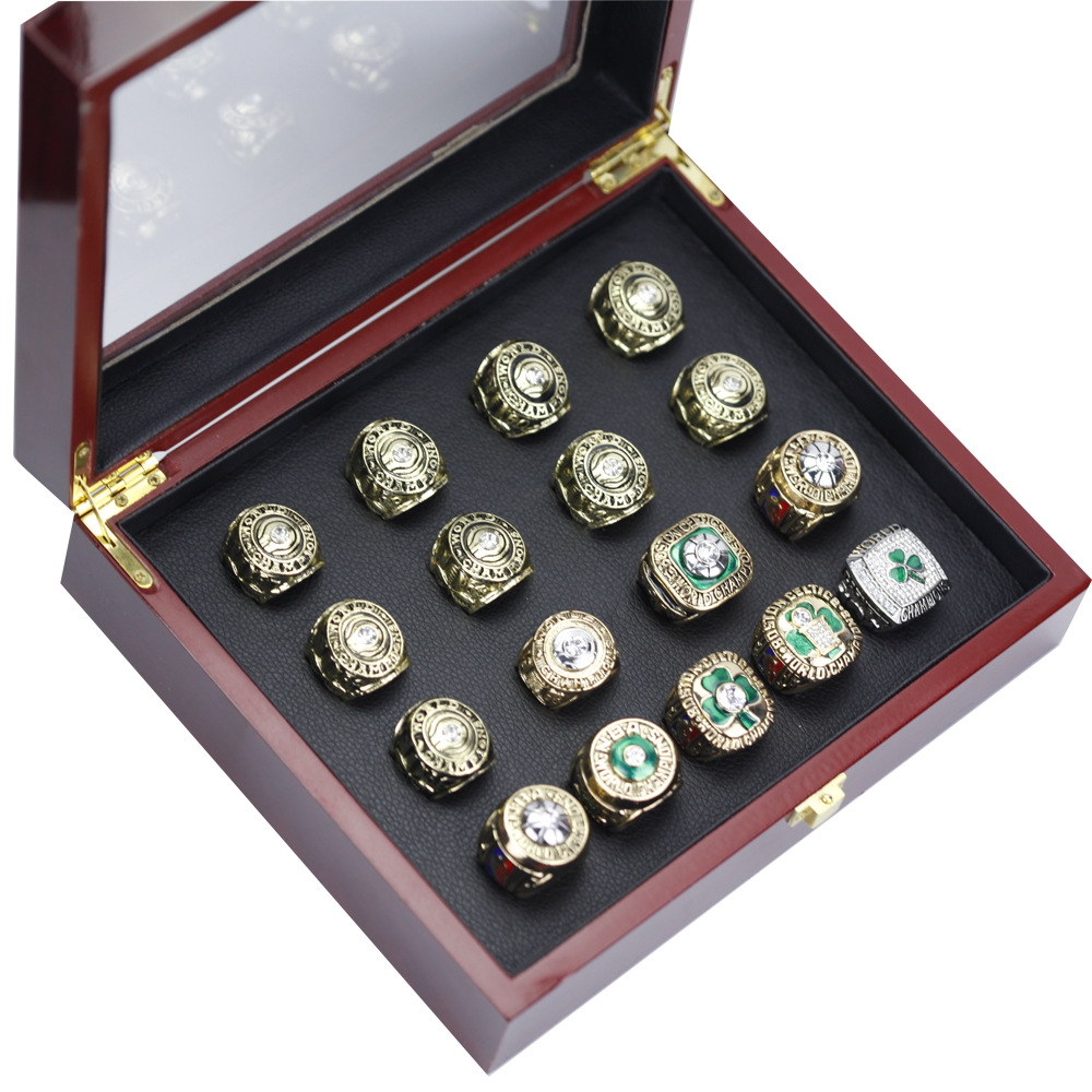 Boston Celtics championship rings in a wooden box on display, open view