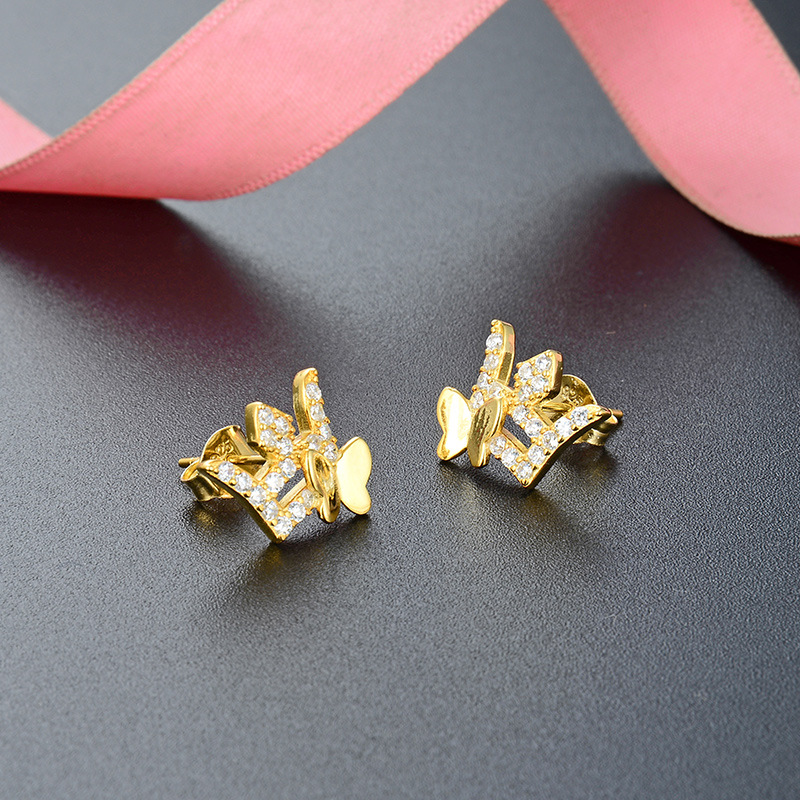 Diamante corona mariposa s925 pendientes de plata chapado en oro elegante noble banquete pendientes femeninos fuente fábrica al por mayor